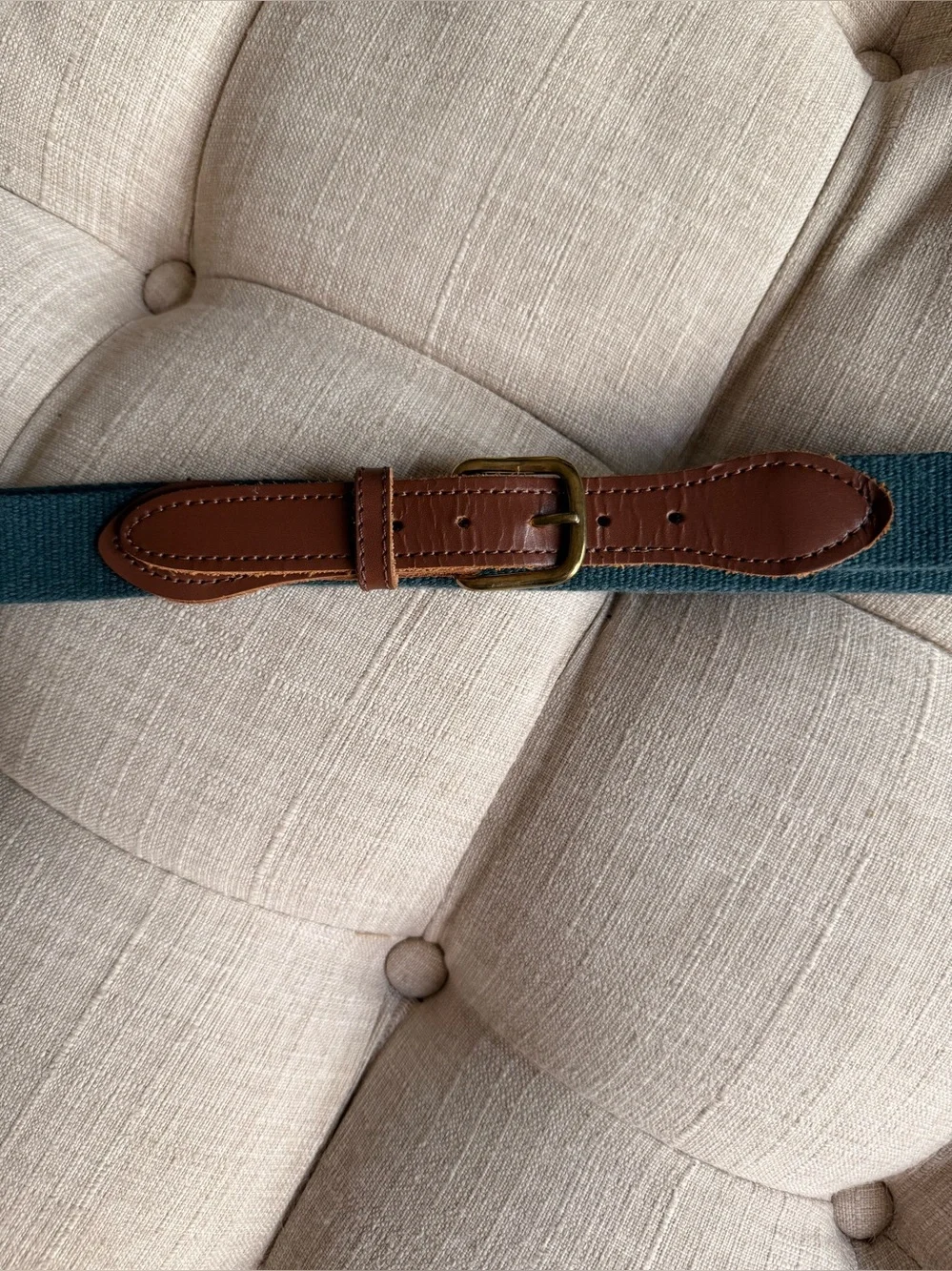 Men's Classic Woven Canvas Belt with Leather Trim and Metal Buckle